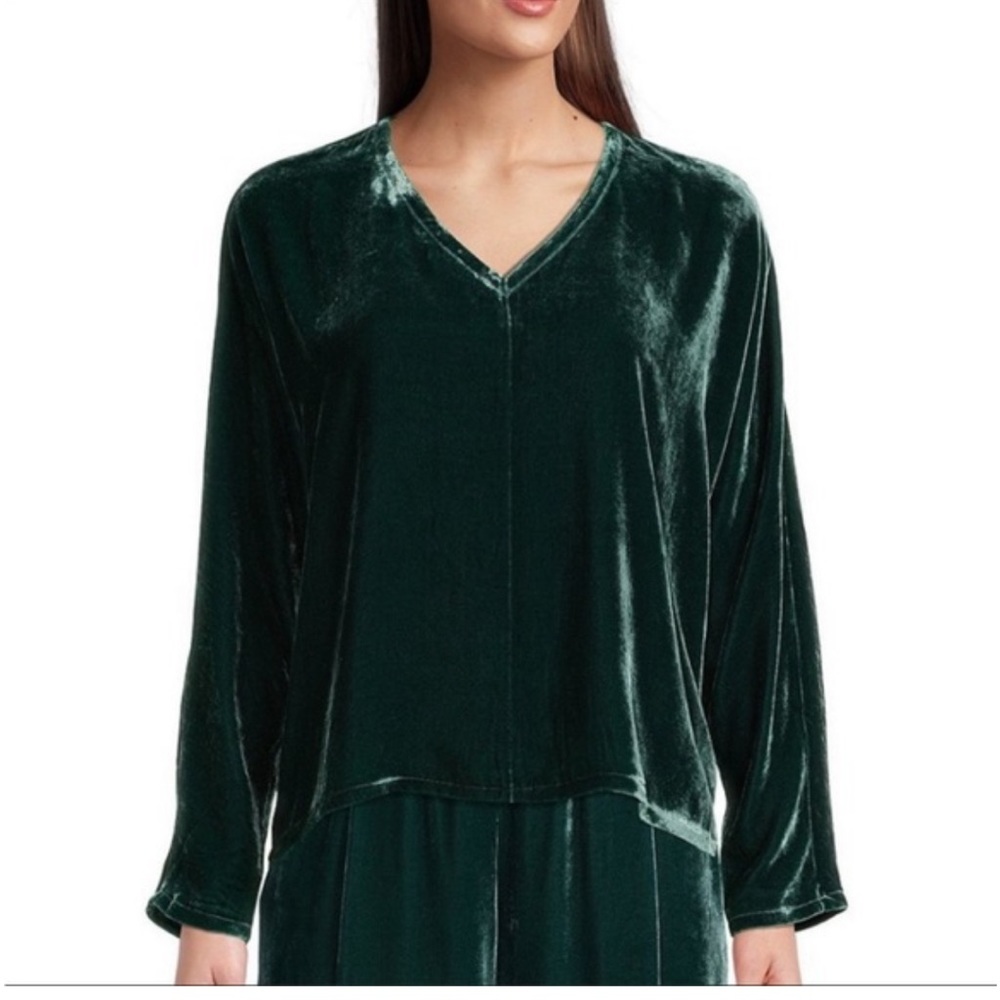 Eileen Fisher Silk Velvet V-Neck Long Dolman Sleeve Boxy Top